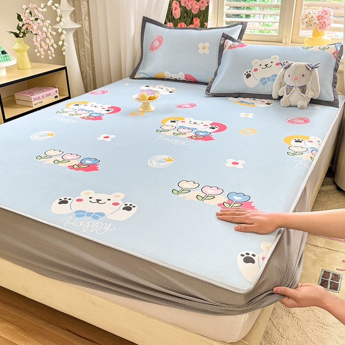 91家纺网 家纺一手货源 找家纺 518家纺 2025新款亲肤舒适A类碳光冰丝抗菌凉席【提供买家秀】席子【提供买家秀】-平铺款 花朵小熊