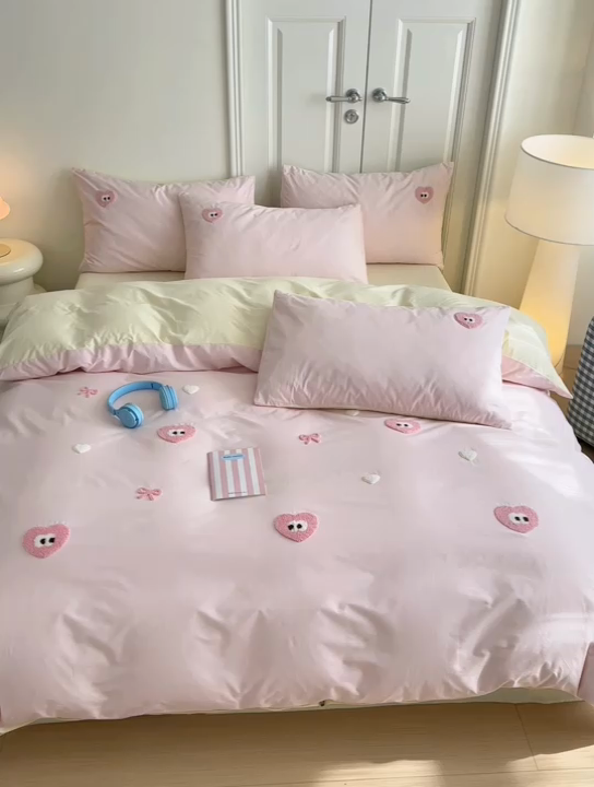 91家纺网 家纺一手货源 找家纺 锦觅2025新款奶油小清新毛巾绣全棉纯棉四件套（专版花型必须控价） 大眼爱心