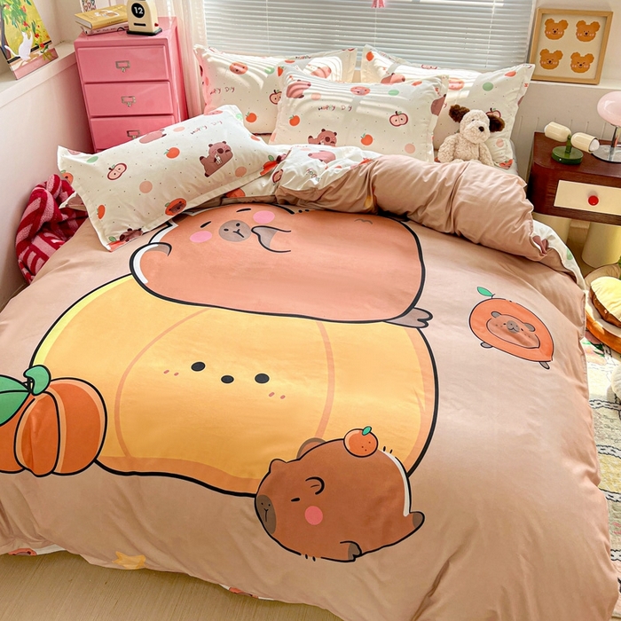 91家纺网 家纺一手货源 找家纺 KT猫直营店 2025新款加厚斜纹磨毛大版四件套 南瓜卡皮巴拉