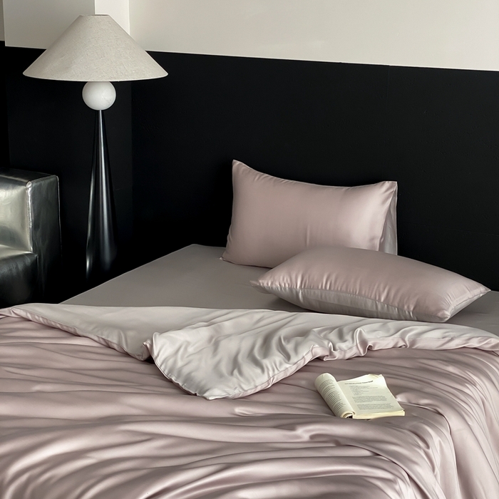 91家纺网 家纺一手货源 找家纺 禾时 2025新款60支兰精天丝轻奢纯色双拼四件套 夜影凝香-霜华银