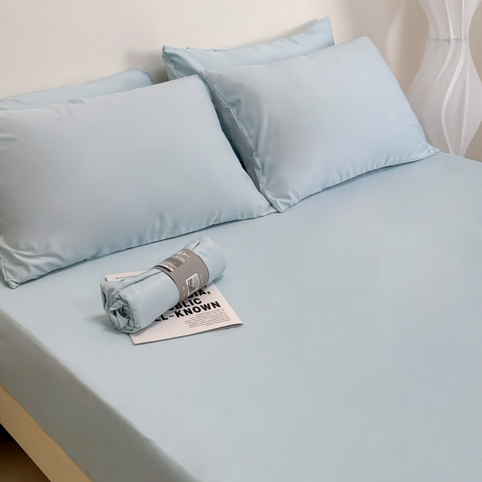 91家纺网 家纺一手货源 找家纺 兜米家居 2025新款床笠A类水洗真丝床笠三件套 冰蓝