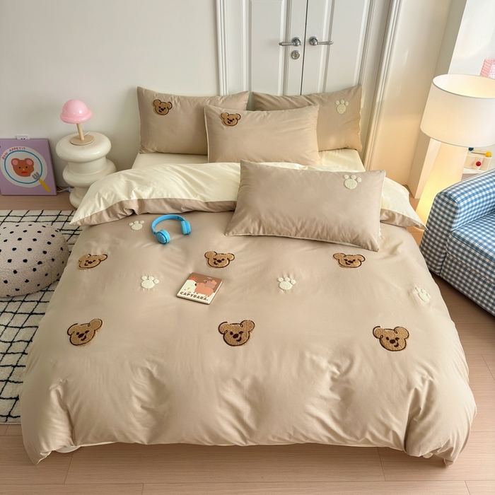 91家纺网 家纺一手货源 找家纺 锦觅2025新款奶油小清新毛巾绣全棉纯棉四件套（专版花型必须控价） 萌趣小熊