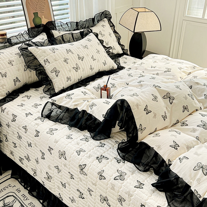 91家纺网 家纺一手货源 找家纺 （总）艾橙 2025新款法式赫本风水洗棉印花雪纺花边单被套