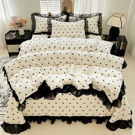 艾橙家纺2025新款法式赫本风水洗棉印花雪纺花边四件套 心心相印