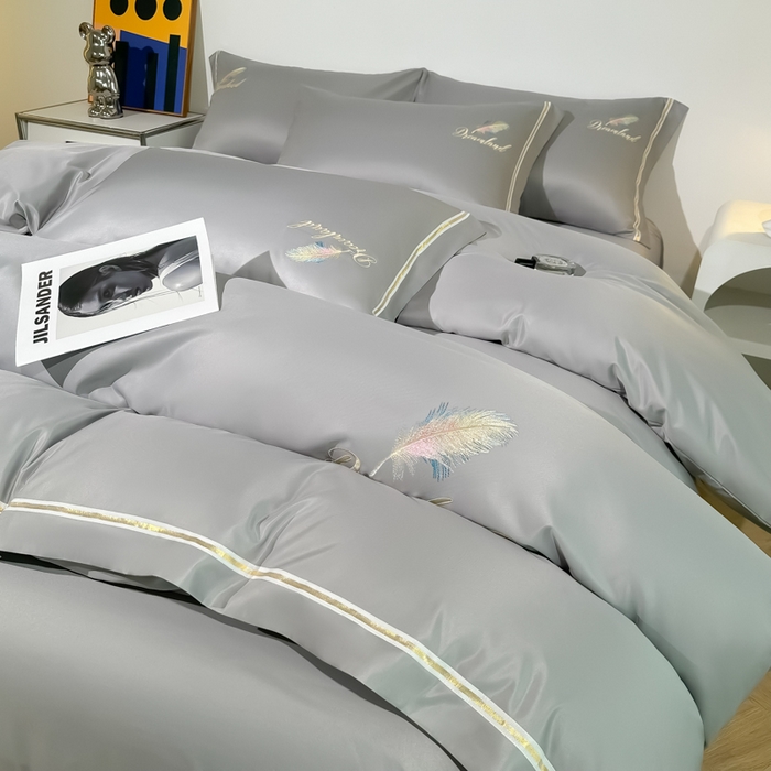 91家纺网 家纺一手货源 找家纺 （总）2025新款水洗冰丝刺绣四件套羽毛系列轻奢时尚北欧风床上用品学生宿舍三四件套