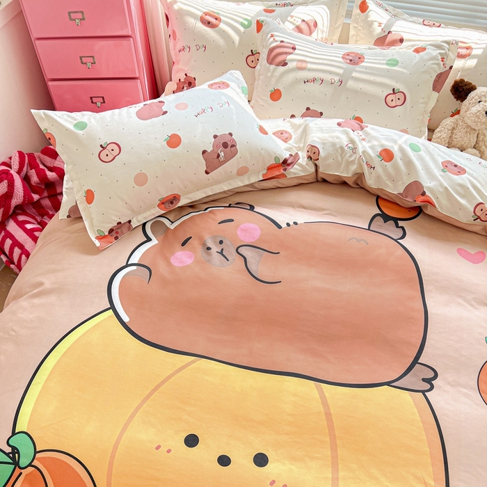 91家纺网 家纺一手货源 找家纺 KT猫直营店 2025新款加厚斜纹磨毛大版四件套 南瓜卡皮巴拉