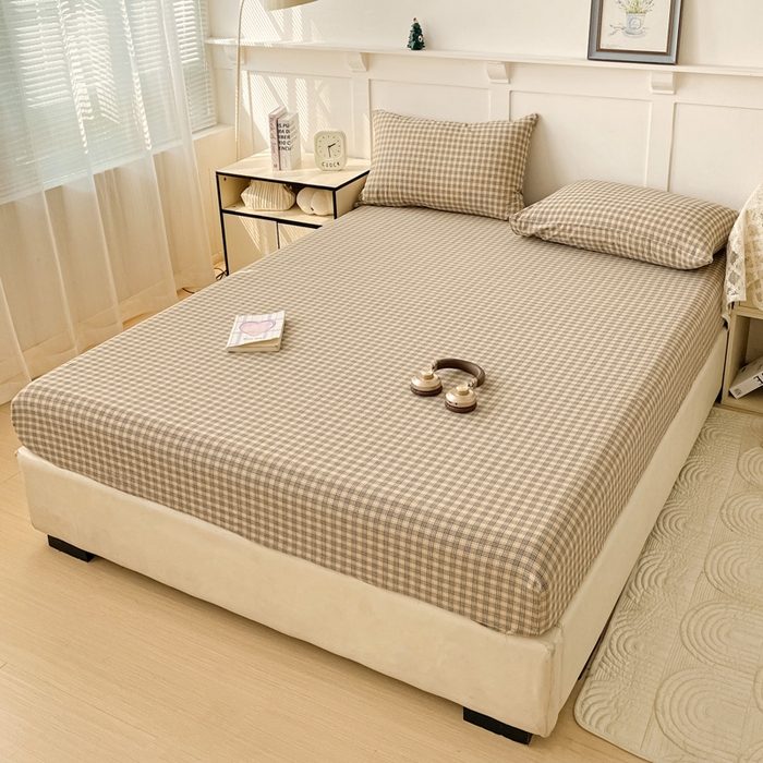 91家纺网 家纺一手货源 找家纺 2025新款全棉水洗棉套件-单床笠 春野咖