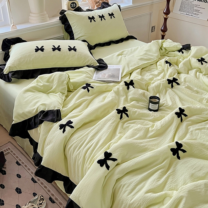 91家纺网 家纺一手货源 找家纺 梦之岛 2025新款韩版小泡泡水洗棉毛巾绣四件套-蝶梦 蝶梦蝴蝶结-绿