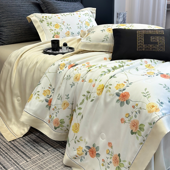 91家纺网 家纺一手货源 找家纺 若未家居 LOVEWE HOUSE 2025新款兰精天丝印花夏被及夏被四件套 奶酪玫瑰（床单款+床盖款）