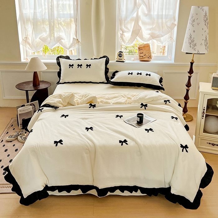 91家纺网 家纺一手货源 找家纺 梦之岛 2025新款韩版小泡泡水洗棉毛巾绣四件套-蝶梦 蝶梦蝴蝶结-奶白