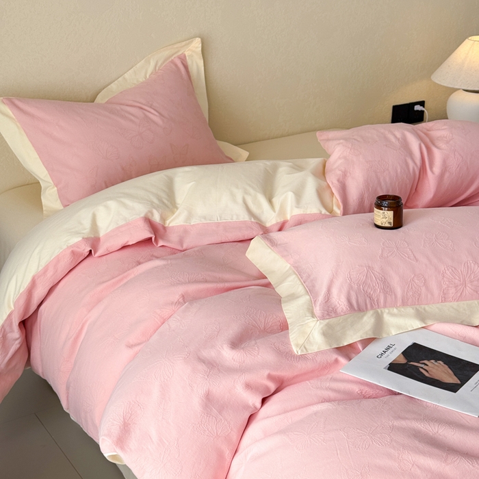 91家纺网 家纺一手货源 找家纺 若未家居 LOVEWE HOUSE 2025新款50S色织空气层水洗大提花全棉四件套 梦蝶-仙桃粉