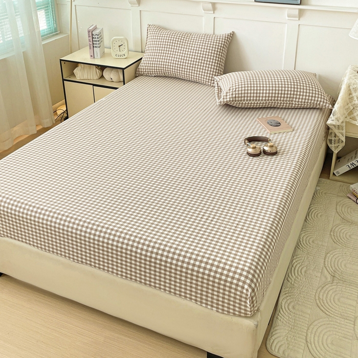 91家纺网 家纺一手货源 找家纺 2025新款全棉水洗棉套件-单床笠 米小格