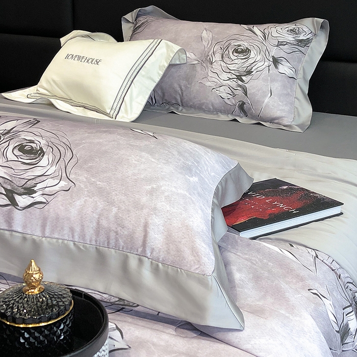 91家纺网 家纺一手货源 找家纺 若未家居 LOVEWE HOUSE 2025新款兰精天丝印花夏被及夏被四件套 叶罗丽玫瑰 灰（床单款+床盖款）