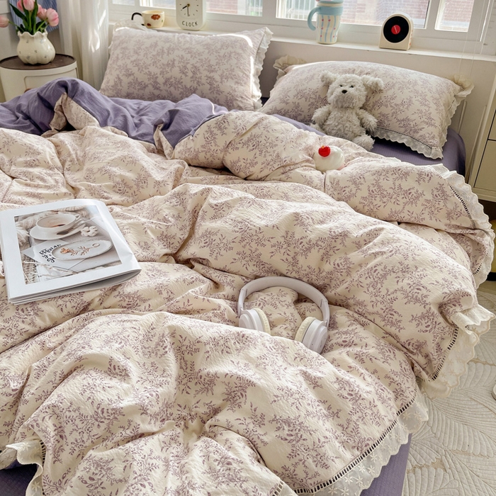 91家纺网 家纺一手货源 找家纺 仟网汇 2025新款云感皱皱双层纱全棉花边四件套 紫苏