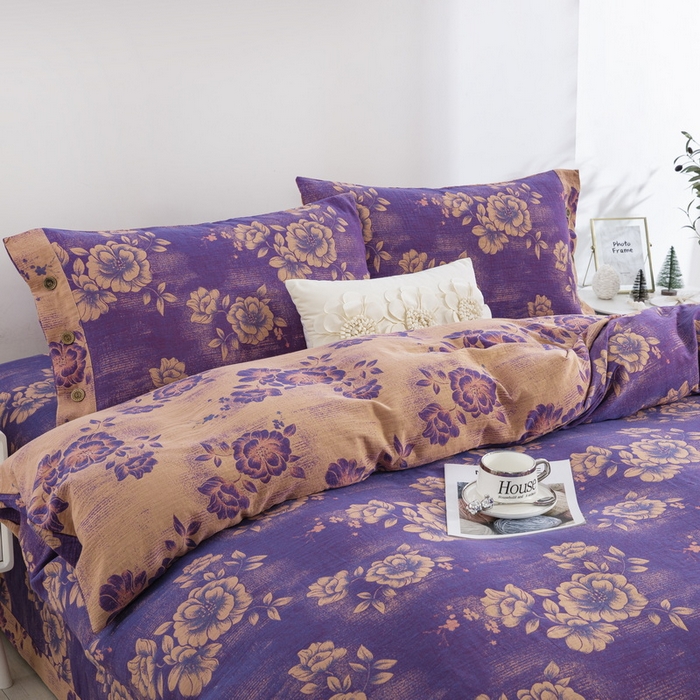 91家纺网 家纺一手货源 找家纺 2025新款全棉色织双层纱纽扣款四件套 云纱-紫罗兰