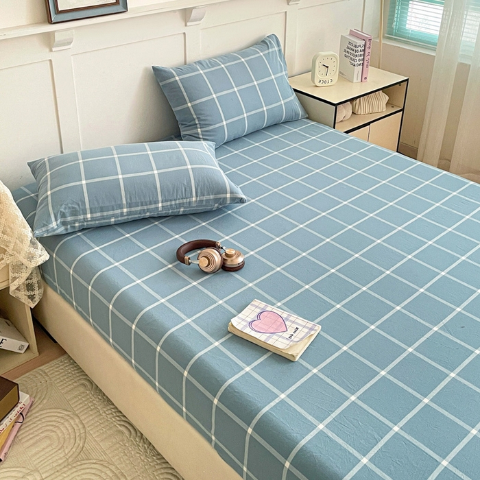 91家纺网 家纺一手货源 找家纺 2025新款全棉水洗棉套件-单床笠 蓝灰中格