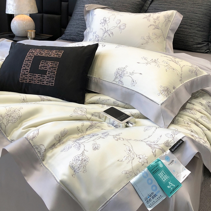 91家纺网 家纺一手货源 找家纺 若未家居 LOVEWE HOUSE 2025新款兰精天丝印花夏被及夏被四件套 白玉芝芝（床单款+床盖款）