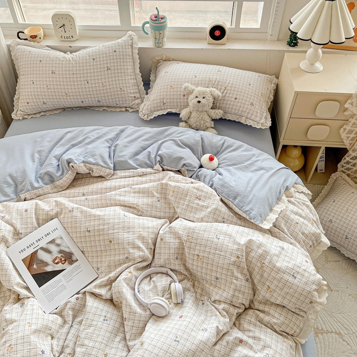 91家纺网 家纺一手货源 找家纺 仟网汇 2025新款云感皱皱双层纱全棉花边四件套 遇见