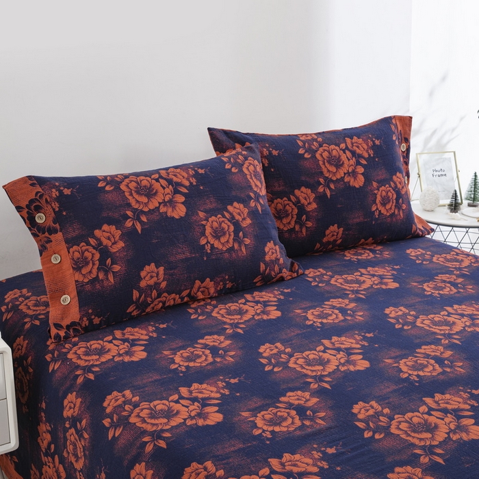 91家纺网 家纺一手货源 找家纺 2025新款全棉色织双层纱纽扣款四件套 云纱-深兰