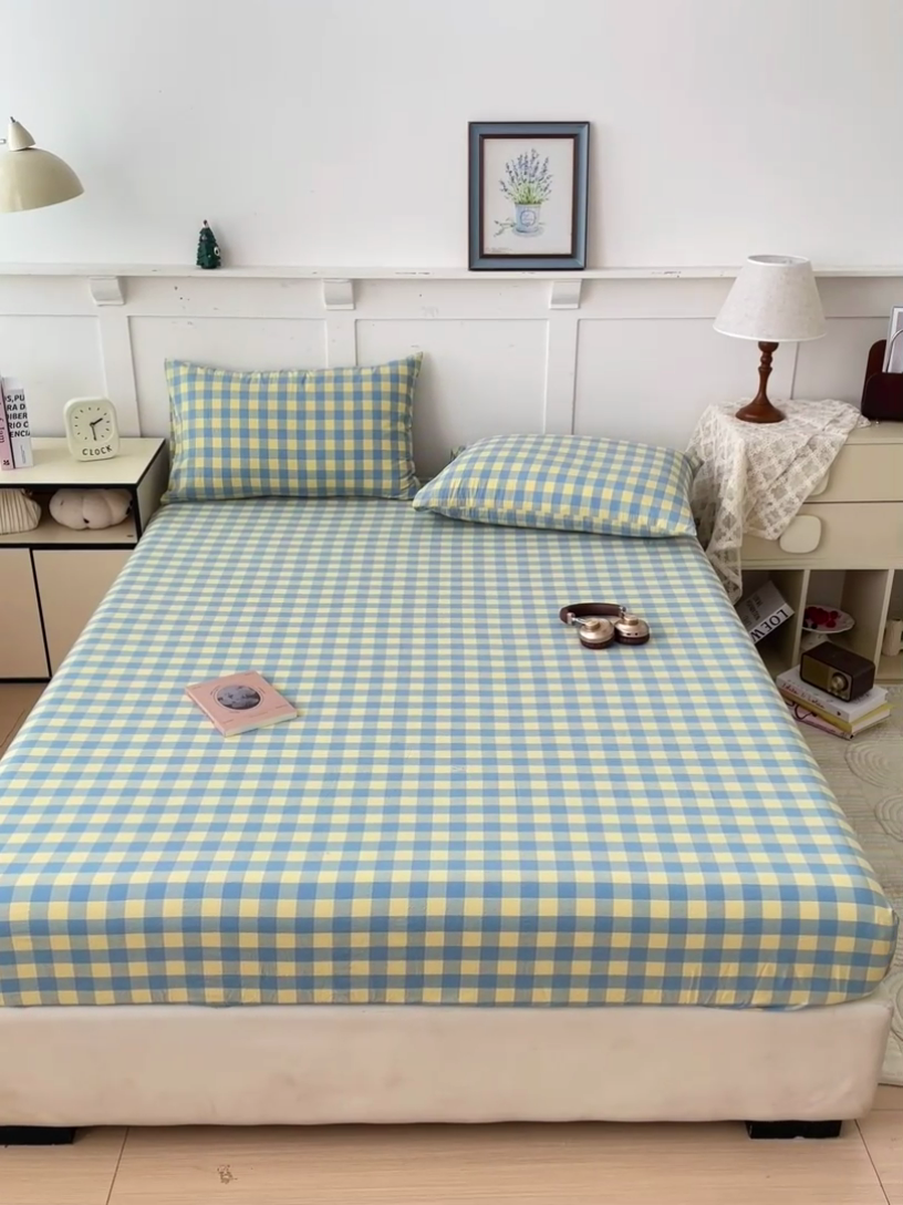 91家纺网 家纺一手货源 找家纺 2025新款全棉水洗棉套件-单床笠 蓝黄三分格