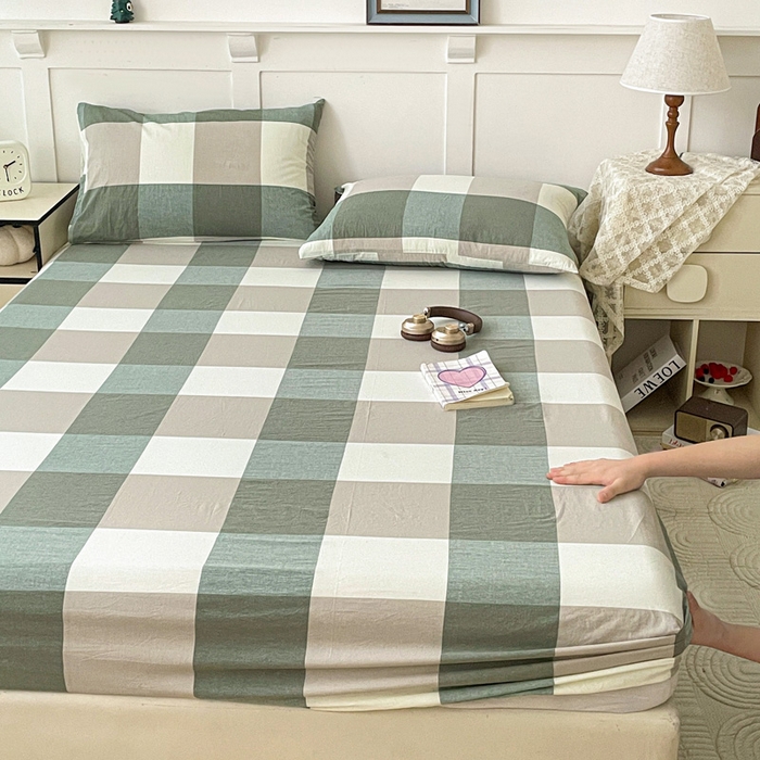 91家纺网 家纺一手货源 找家纺 2025新款全棉水洗棉套件-单床笠 绿大格