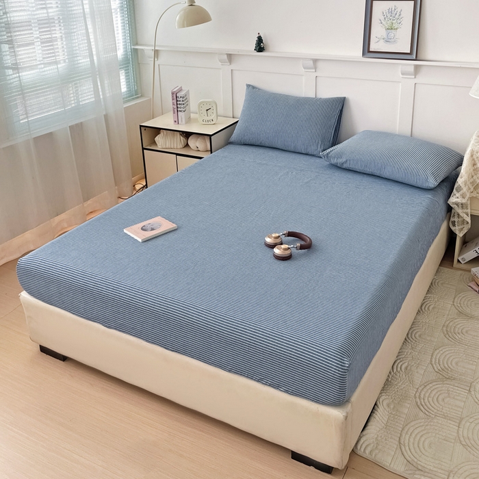 91家纺网 家纺一手货源 找家纺 2025新款全棉水洗棉套件-单床笠 蓝细条