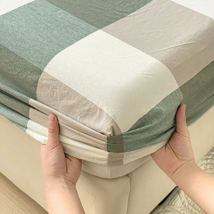 91家纺网 家纺一手货源 找家纺 2025新款全棉水洗棉套件-单床笠 绿大格