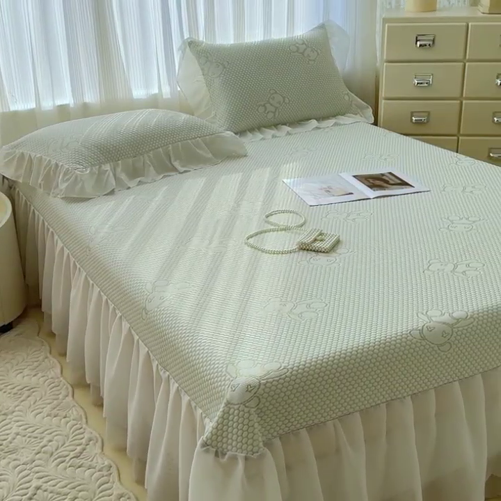 91家纺网 家纺一手货源 找家纺 999家纺   2025新款凉感提花冰豆豆凉席三件套 冰块熊-绿（床盖款）