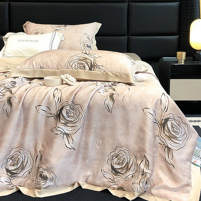 91家纺网 家纺一手货源 找家纺 若未家居 LOVEWE HOUSE 2025新款兰精天丝印花夏被及夏被四件套 叶罗丽玫瑰 米（床单款+床盖款）