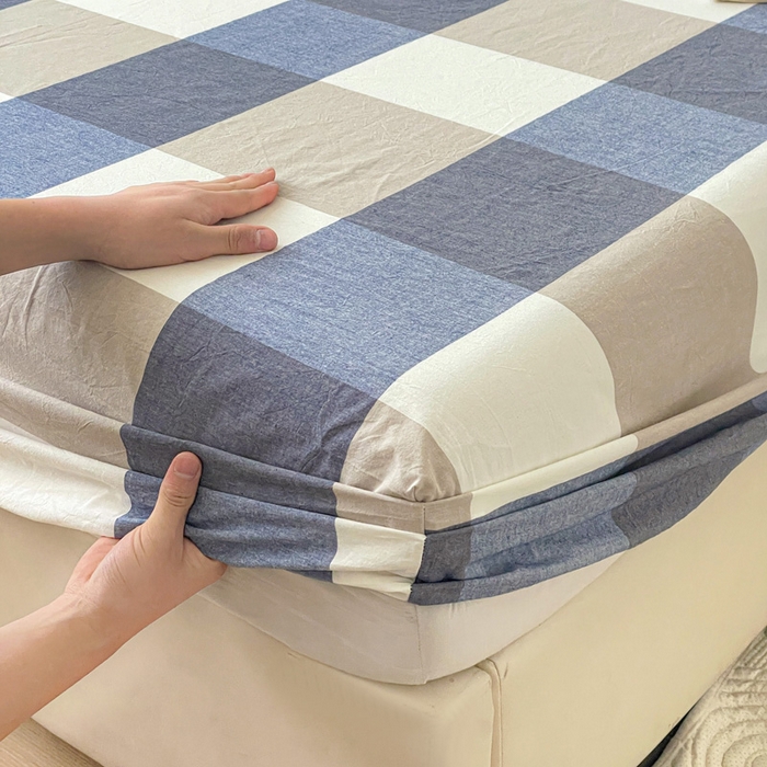 91家纺网 家纺一手货源 找家纺 2025新款全棉水洗棉套件-单床笠 蓝大格