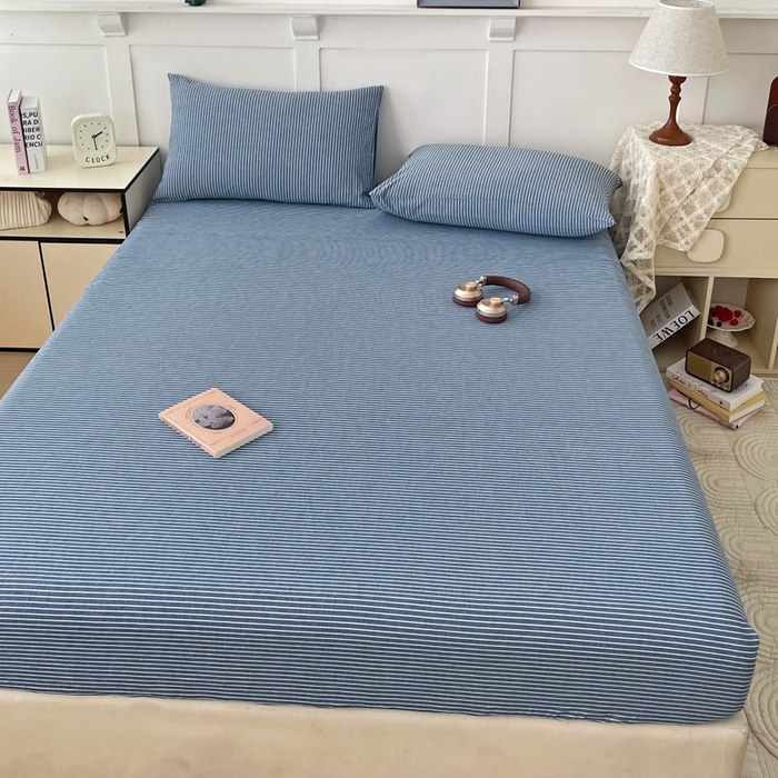 91家纺网 家纺一手货源 找家纺 2025新款全棉水洗棉套件-单床笠 蓝细条