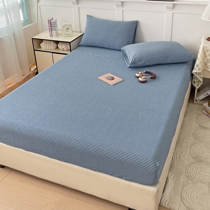91家纺网 家纺一手货源 找家纺 2025新款全棉水洗棉套件-单床笠 蓝细条