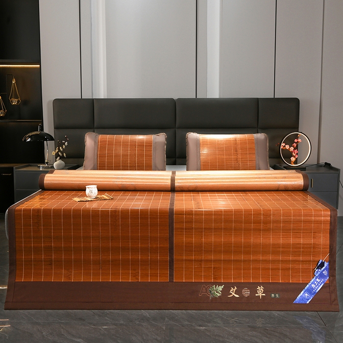 91家纺网 家纺一手货源 找家纺 森璐家纺 2025新款茶香养生竹席藤席草席冰丝席凉席子 艾草驱蚊席-反面冰丝