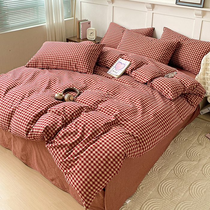 91家纺网 家纺一手货源 找家纺 大柏树 2025新款全棉水洗棉套件-床单四件套 云素红