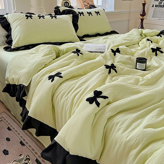 91家纺网 家纺一手货源 找家纺 梦之岛 2025新款韩版小泡泡水洗棉毛巾绣四件套-蝶梦 蝶梦蝴蝶结-绿