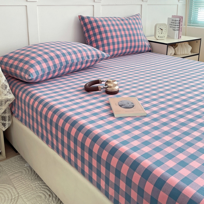 91家纺网 家纺一手货源 找家纺 2025新款全棉水洗棉套件-单床笠 粉灰小格