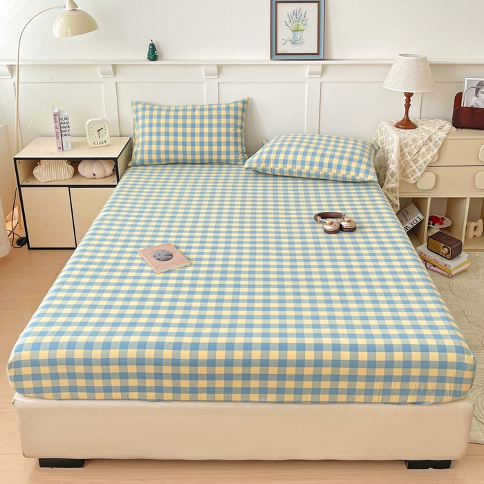 91家纺网 家纺一手货源 找家纺 2025新款全棉水洗棉套件-单床笠 蓝黄三分格