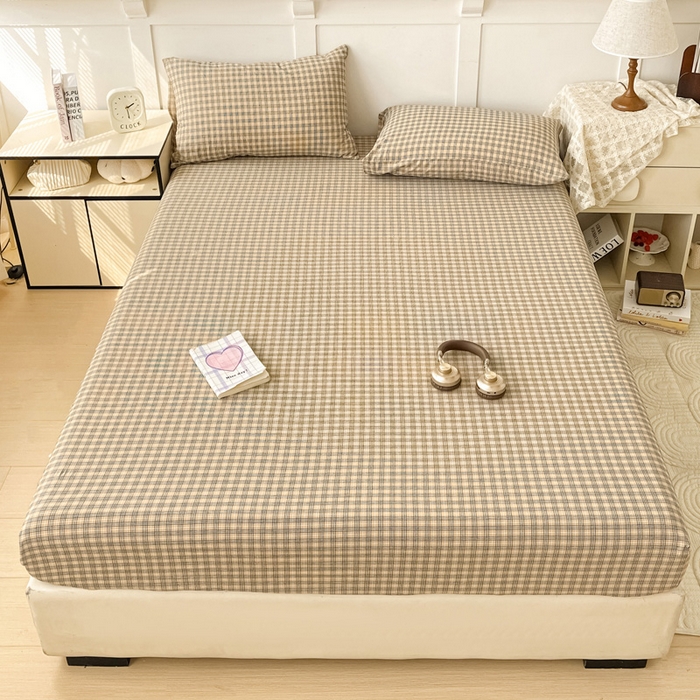 91家纺网 家纺一手货源 找家纺 2025新款全棉水洗棉套件-单床笠 春野咖