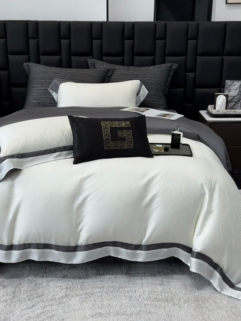 91家纺网 家纺一手货源 找家纺 若未家居 LOVEWE HOUSE 2025新款天丝提花套件撞色轻奢风四件套-天丝布拉格 天丝布拉格 奶昔白