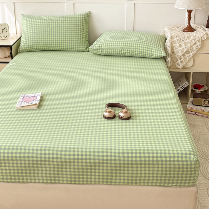 91家纺网 家纺一手货源 找家纺 2025新款全棉水洗棉套件-单床笠 艾莎绿小格