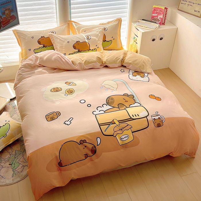 91家纺网 家纺一手货源 找家纺 2025新款原创设计卡皮巴拉全棉四件套-有作品登记证书 向往的生活