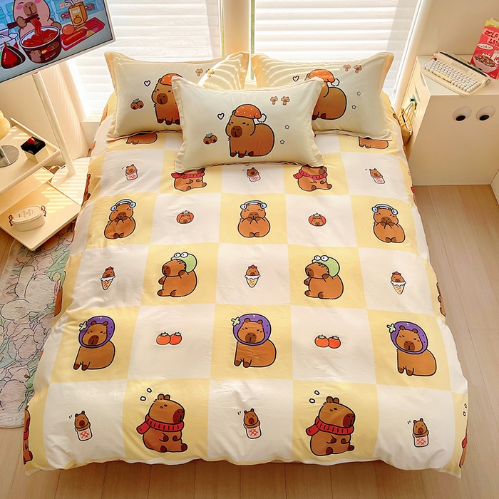 91家纺网 家纺一手货源 找家纺 2025新款原创设计卡皮巴拉全棉四件套-有作品登记证书 方格巴拉