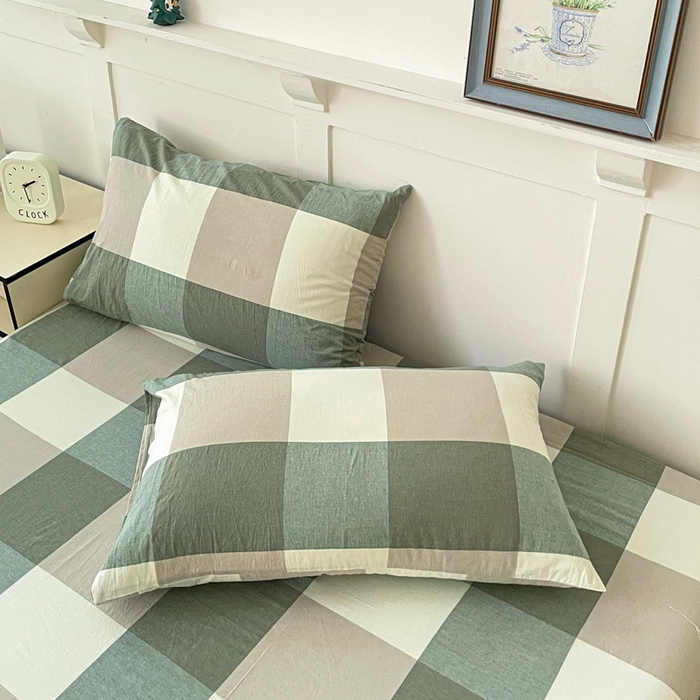 91家纺网 家纺一手货源 找家纺 2025新款全棉水洗棉套件-单床笠 绿大格