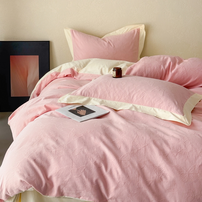 91家纺网 家纺一手货源 找家纺 若未家居 LOVEWE HOUSE 2025新款50S色织空气层水洗大提花全棉四件套 梦蝶-仙桃粉