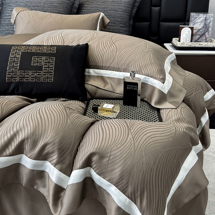 91家纺网 家纺一手货源 找家纺 若未家居 LOVEWE HOUSE 2025新款天丝提花套件撞色轻奢风四件套-天丝布拉格 天丝布拉格 美拉德棕