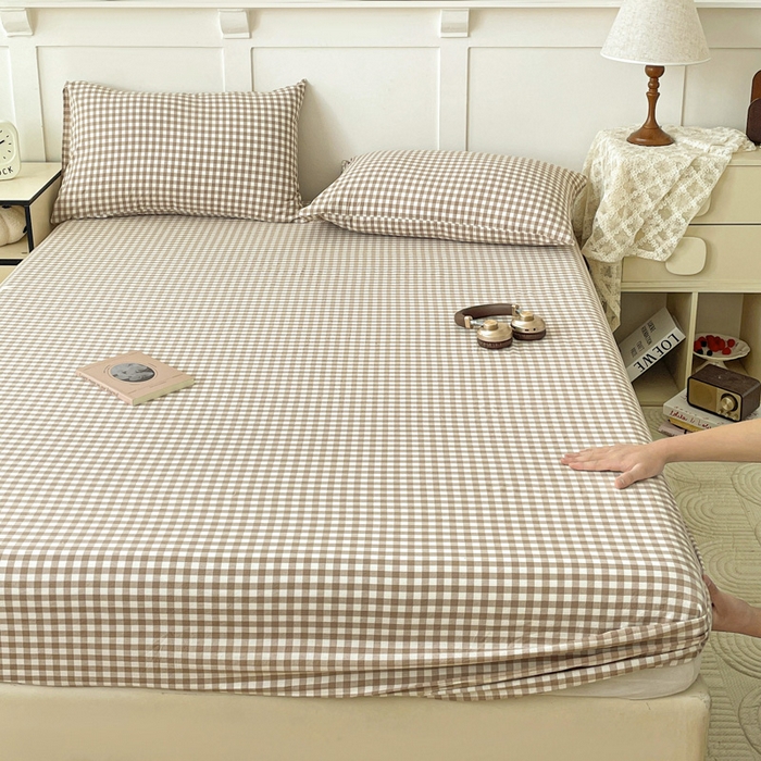 91家纺网 家纺一手货源 找家纺 2025新款全棉水洗棉套件-单床笠 米小格