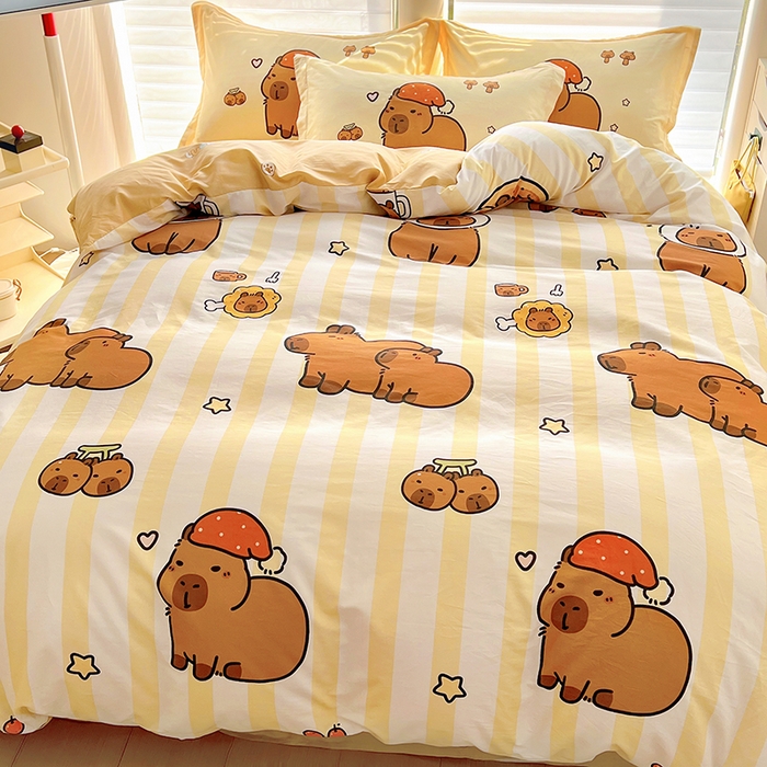 91家纺网 家纺一手货源 找家纺 2025新款原创设计卡皮巴拉全棉四件套-有作品登记证书 条纹巴拉