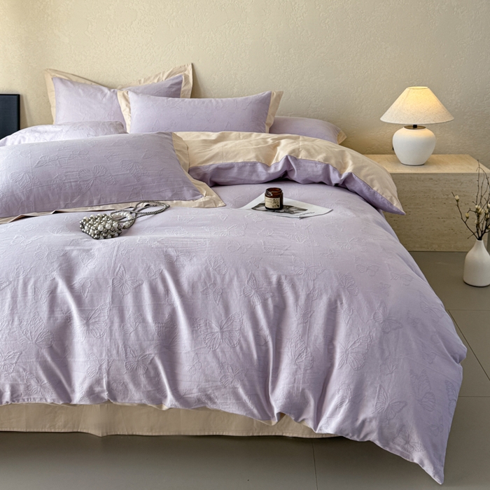 91家纺网 家纺一手货源 找家纺 若未家居 LOVEWE HOUSE 2025新款50S色织空气层水洗大提花全棉四件套 梦蝶-有氧紫