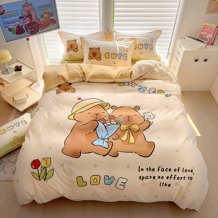 91家纺网 家纺一手货源 找家纺 2025新款原创设计卡皮巴拉全棉四件套-有作品登记证书 波点巴拉