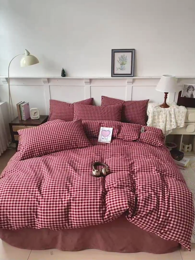 91家纺网 家纺一手货源 找家纺 大柏树 2025新款全棉水洗棉套件-床单四件套 云素红